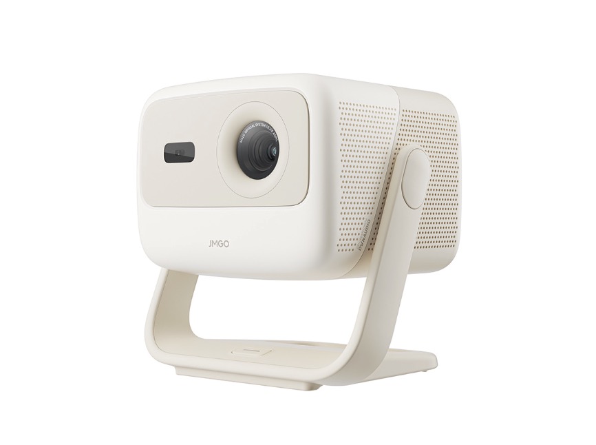 Front view of the JMGO N1 Air portable tri-color laser projector on its gimbal stand