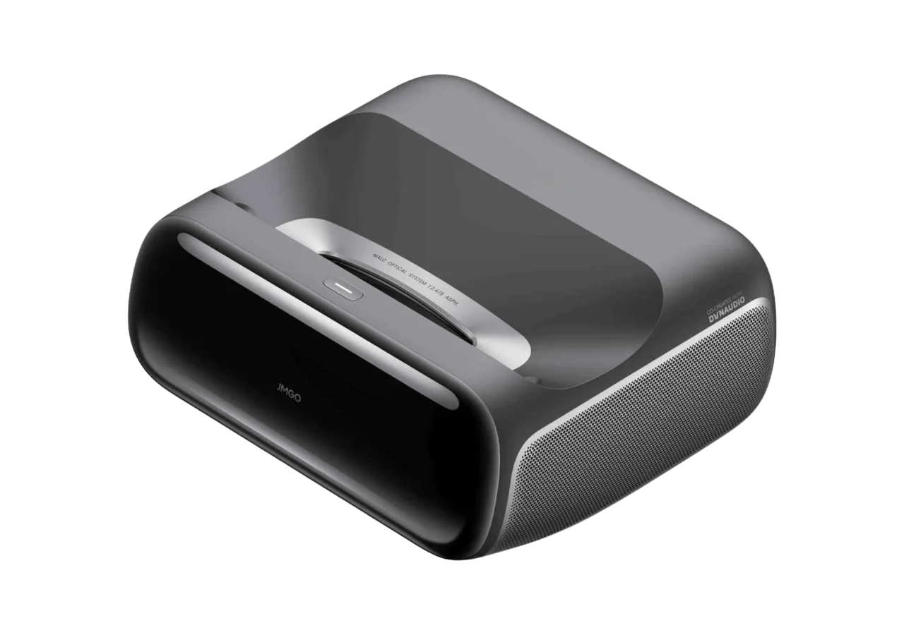 Front view of the JMGO O2S Ultra smart projector with its lens and sleek grey finish
