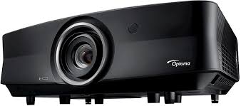 Front view of the Optoma UHZ65 4K UHD laser home theater projector with its lens and black chassis