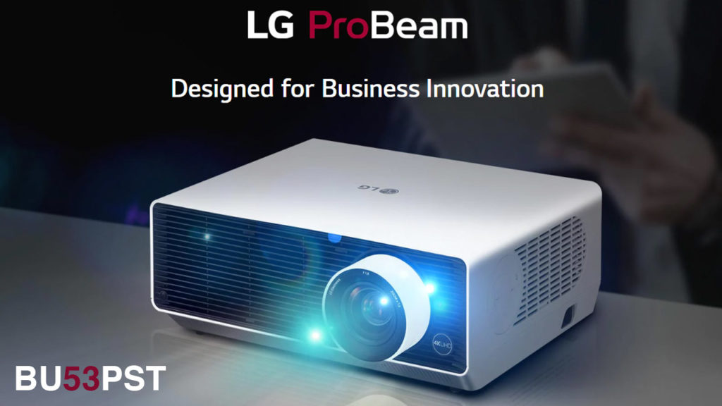 Front view of the LG ProBeam BU53PST 4K laser projector with its lens and white chassis