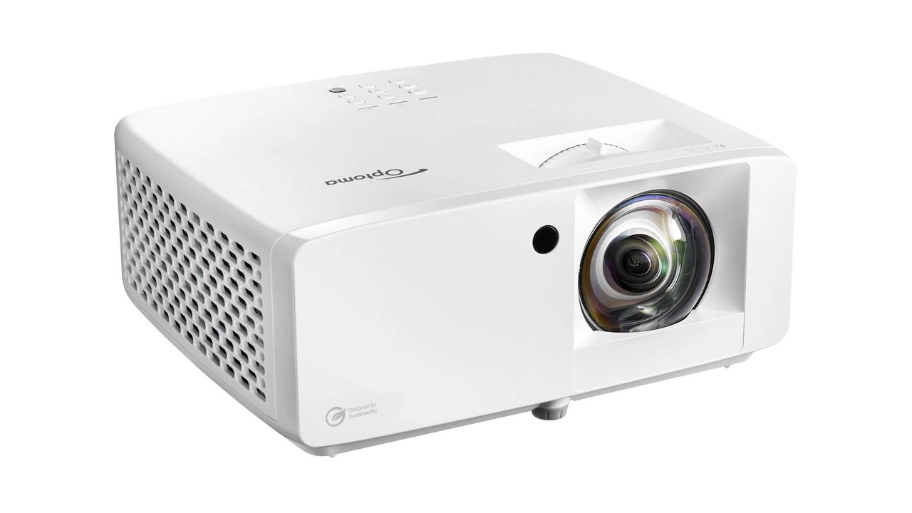 Front view of the Optoma ZH450ST short-throw 1080p laser projector with its lens and white chassis