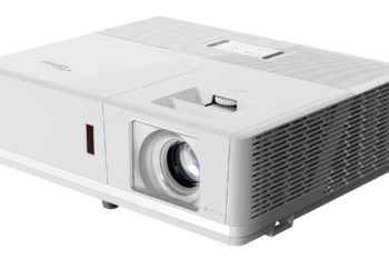 Front view of the Optoma ZU506T-W WUXGA laser projector with its lens and white chassis