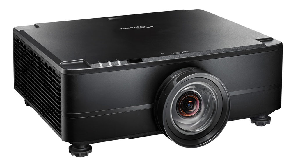 Front view of the Optoma ZU920TST Pro WUXGA 8,200 lumen short throw laser projector with its lens and white chassis